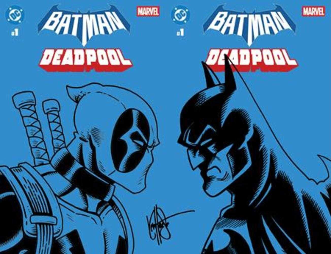Df DC Marvel Batman Deadpool #1 Blue Blank Variant Two Cover Set Signed And Remarked By Ken Haeser With Deadpool vs Batman Sketch | BD Cosmos