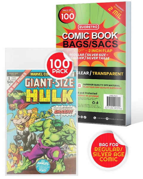 EVO RETRO CLEAR COMIC BOOK BAGS FOR SILVER REGULAR COMICS 2 MIL PACK OF 100 | BD Cosmos